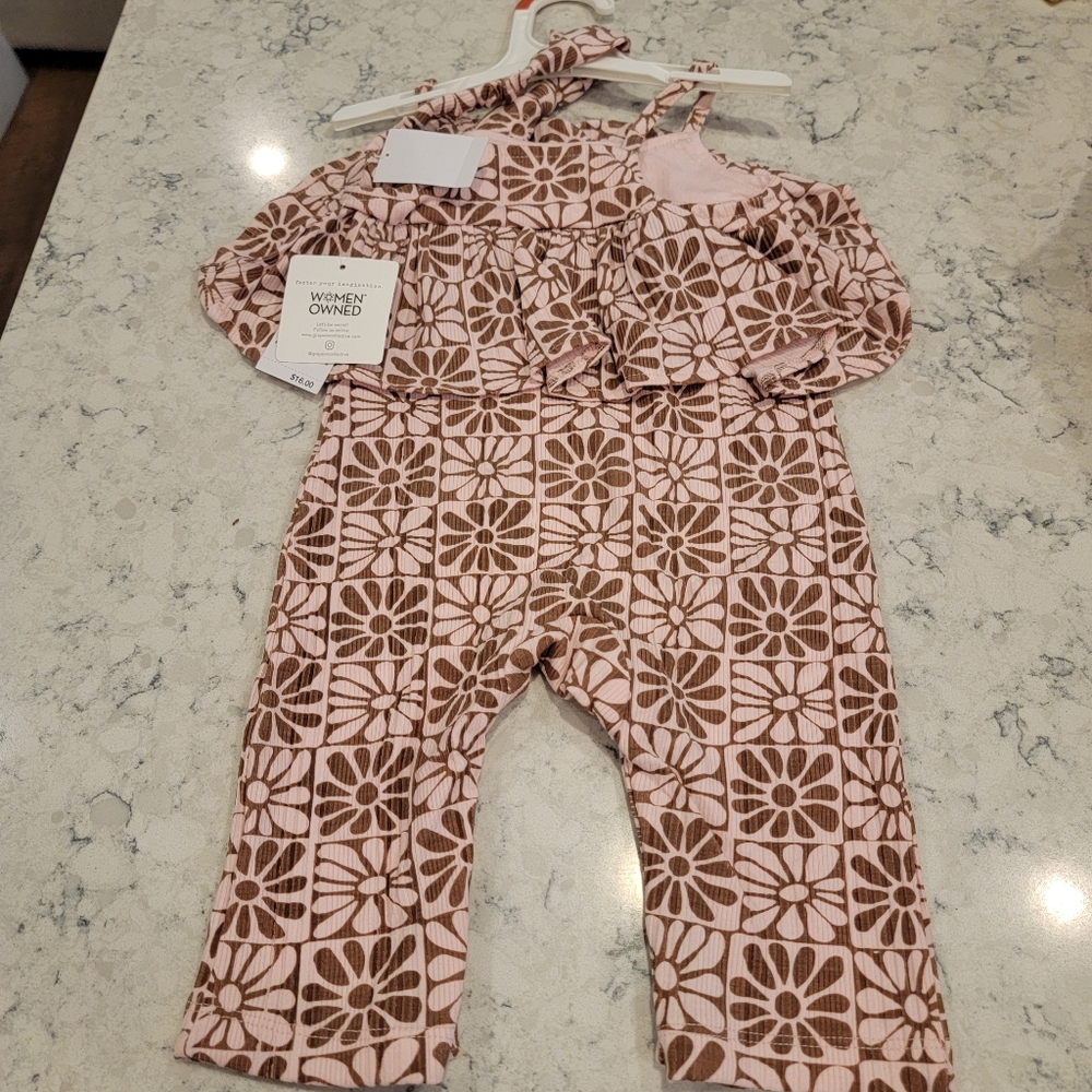 Grayson Mini Romper & Headband Outfit Set Size 6-9 Months NWT! Pink Brown